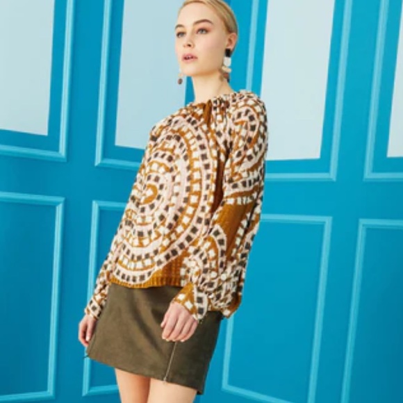 Marie Oliver Jenna Silk Blend Tapenade Mosaic Print Tie Back Blouse - M - Picture 2 of 15